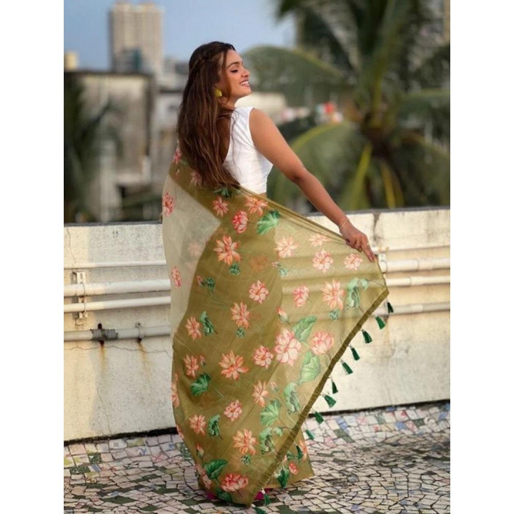 Generic Women's Linen Printed Saree With Unstitched Blouse 5.5Mtr (Mahendi) - Image 2