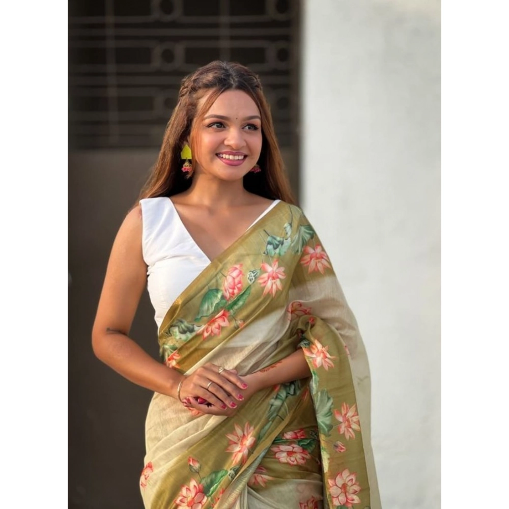 Generic Women's Linen Printed Saree With Unstitched Blouse 5.5Mtr (Mahendi) - Image 4