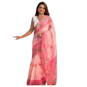 Generic Women's Linen Printed Saree With Unstitched Blouse 5.5Mtr (Pink)