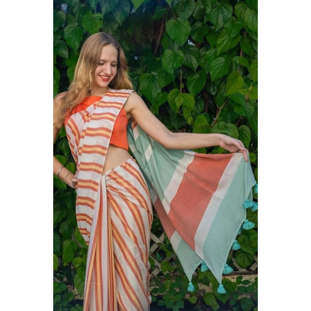 Generic Women's Linen Printed Saree With Unstitched Blouse 5.5Mtr (Orange)