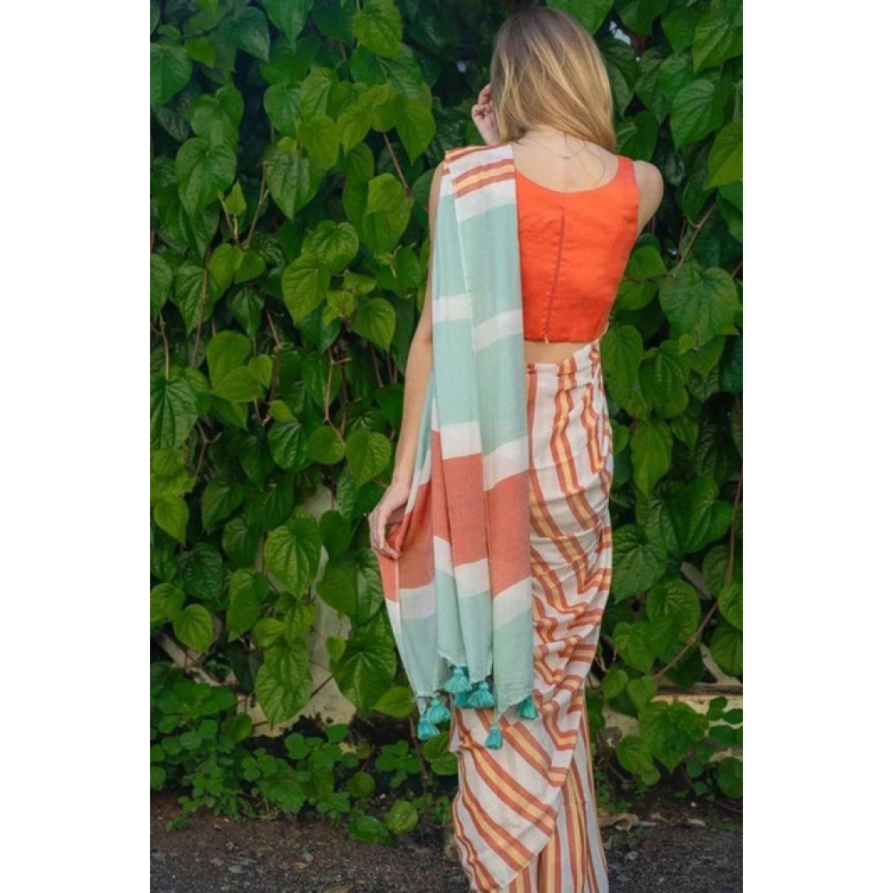 Generic Women's Linen Printed Saree With Unstitched Blouse 5.5Mtr (Orange) - Image 2