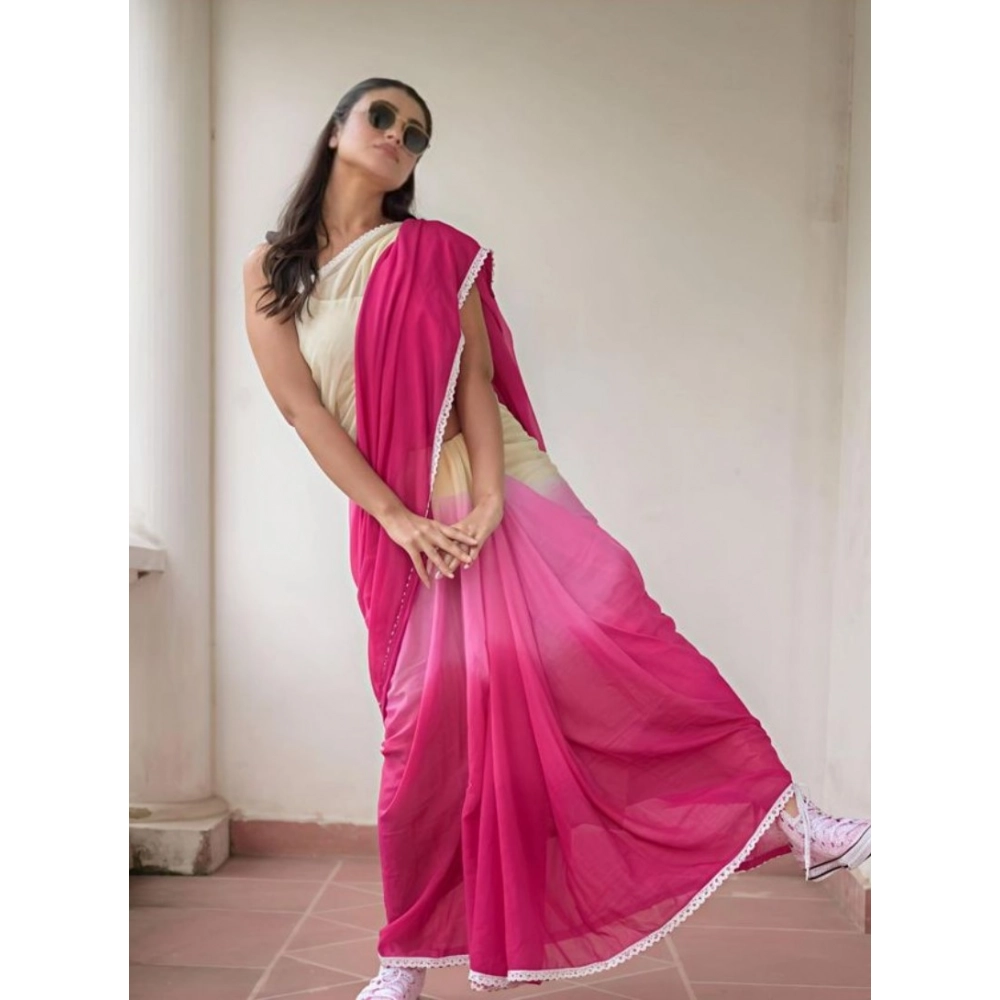 Generic Women's Linen Printed Saree With Unstitched Blouse 5.5Mtr (Pink) - Image 2