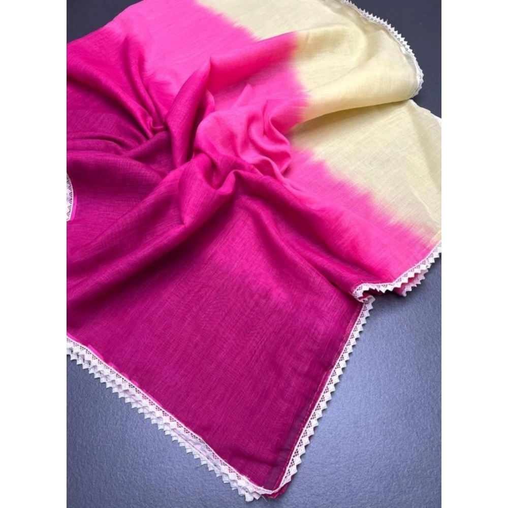 Generic Women's Linen Printed Saree With Unstitched Blouse 5.5Mtr (Pink) - Image 4