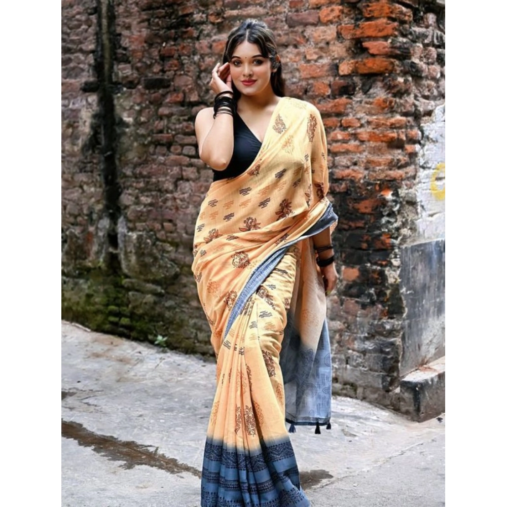 Generic Women's Linen Printed Saree With Unstitched Blouse 5.5Mtr (Peach) - Image 2