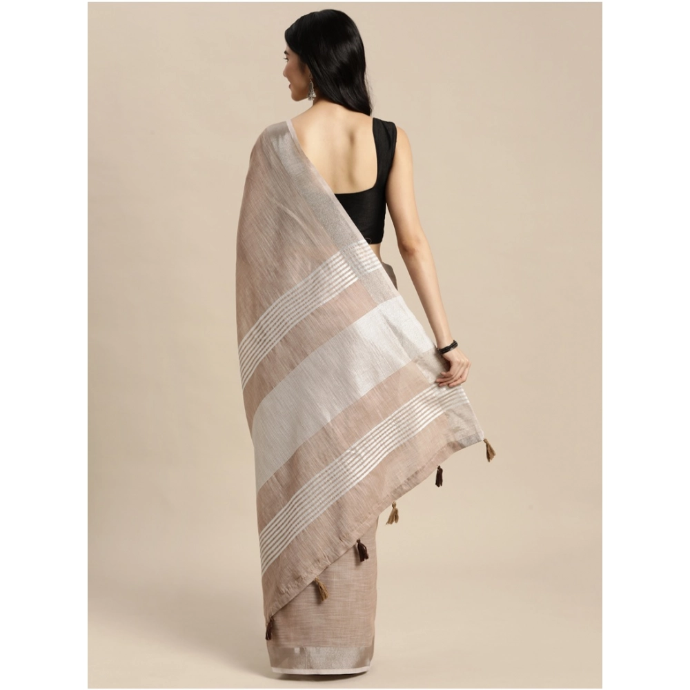 Generic Women's Linen Cotton Printed Saree With Unstitched Blouse 5.5Mtr (Beige) - Image 2
