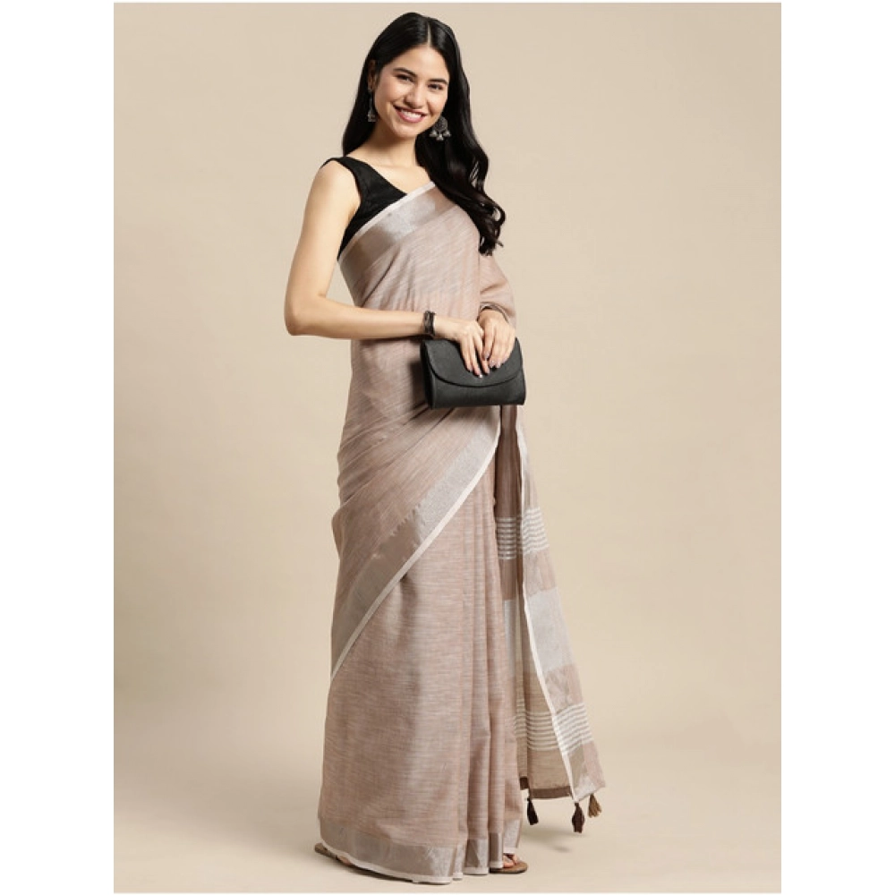Generic Women's Linen Cotton Printed Saree With Unstitched Blouse 5.5Mtr (Beige) - Image 4