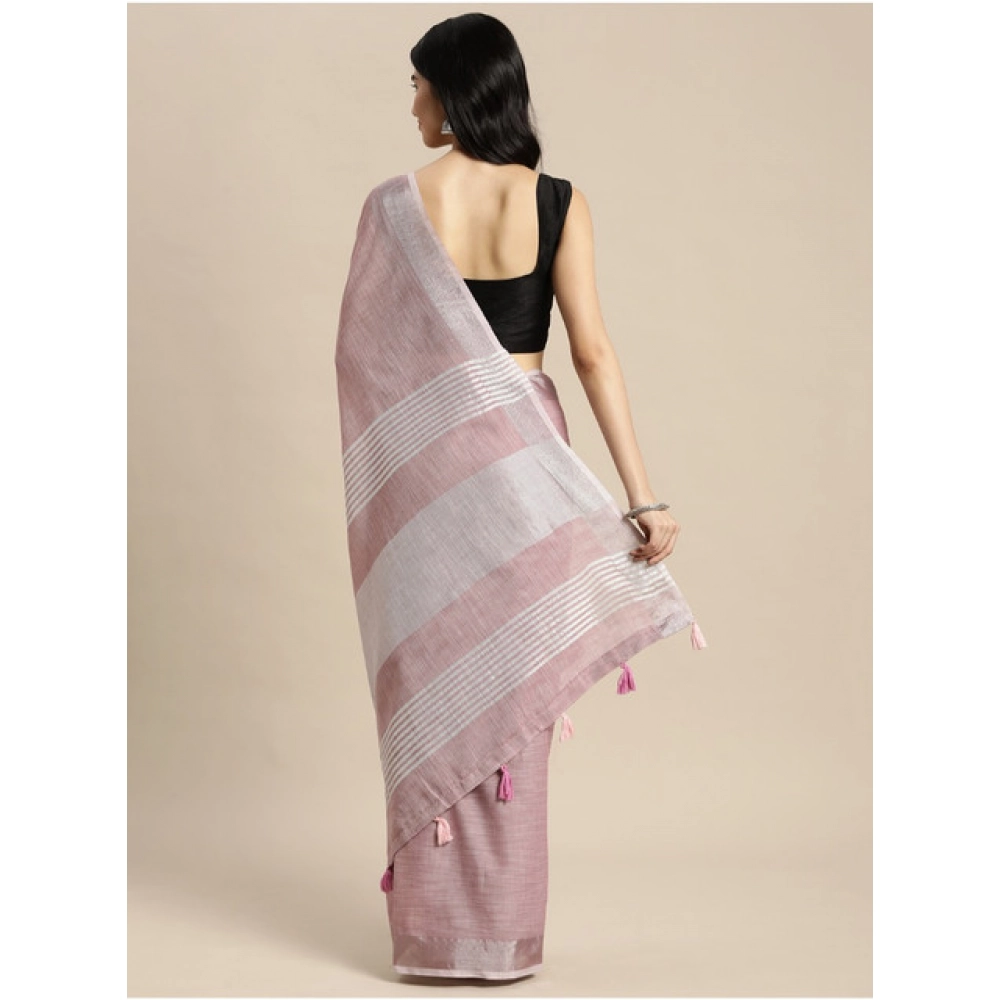 Generic Women's Linen Cotton Printed Saree With Unstitched Blouse 5.5Mtr (Purple) - Image 2