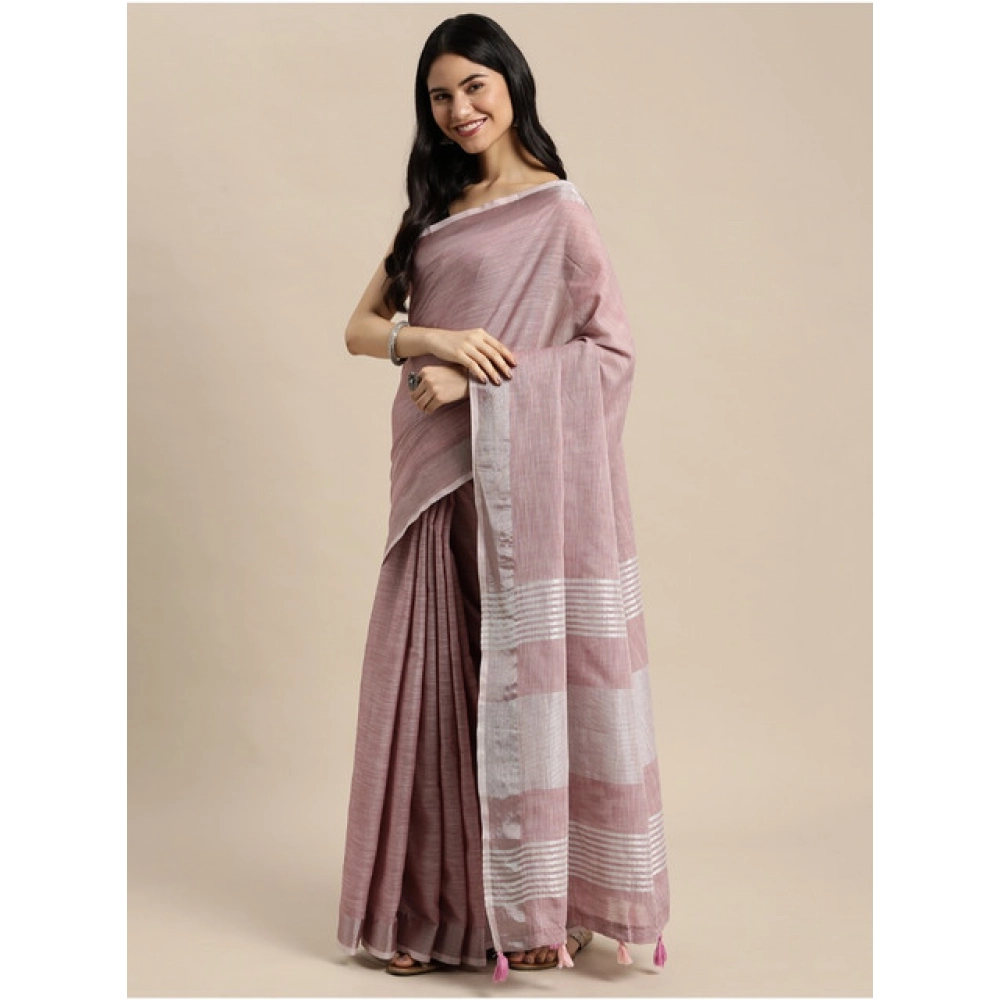 Generic Women's Linen Cotton Printed Saree With Unstitched Blouse 5.5Mtr (Purple) - Image 4