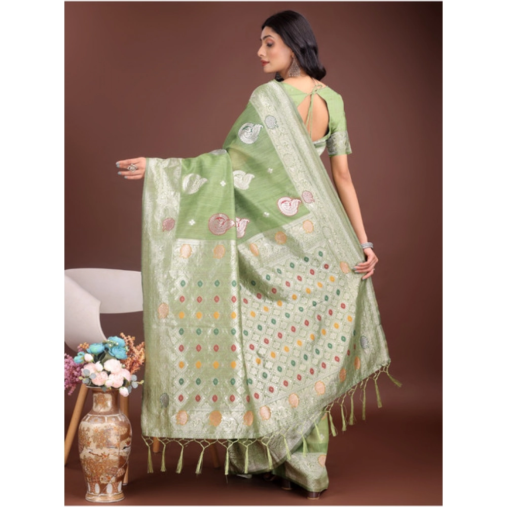 Generic Women's Linen Cotton Printed Saree With Unstitched Blouse 5.5Mtr (Light Green) - Image 2