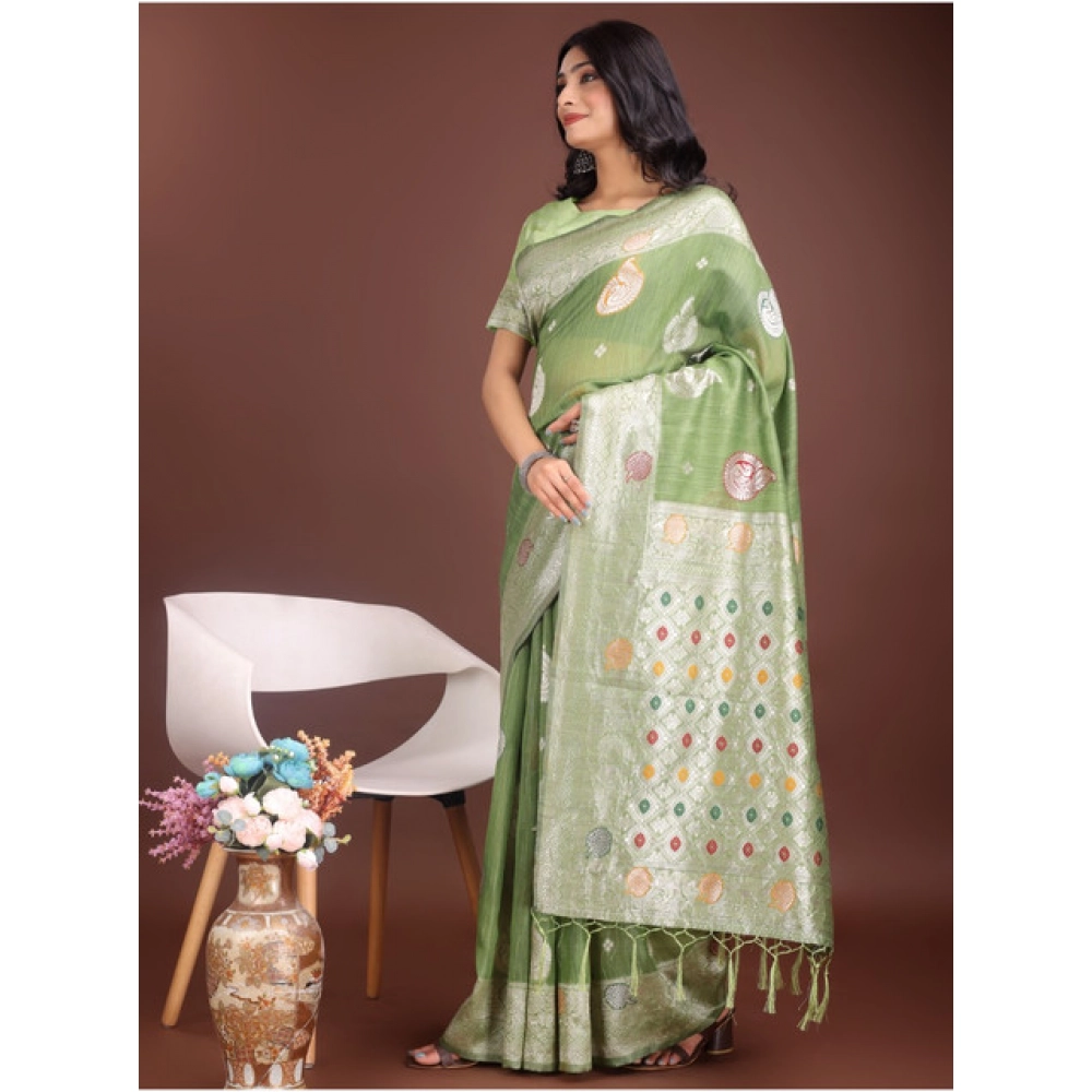 Generic Women's Linen Cotton Printed Saree With Unstitched Blouse 5.5Mtr (Light Green) - Image 4