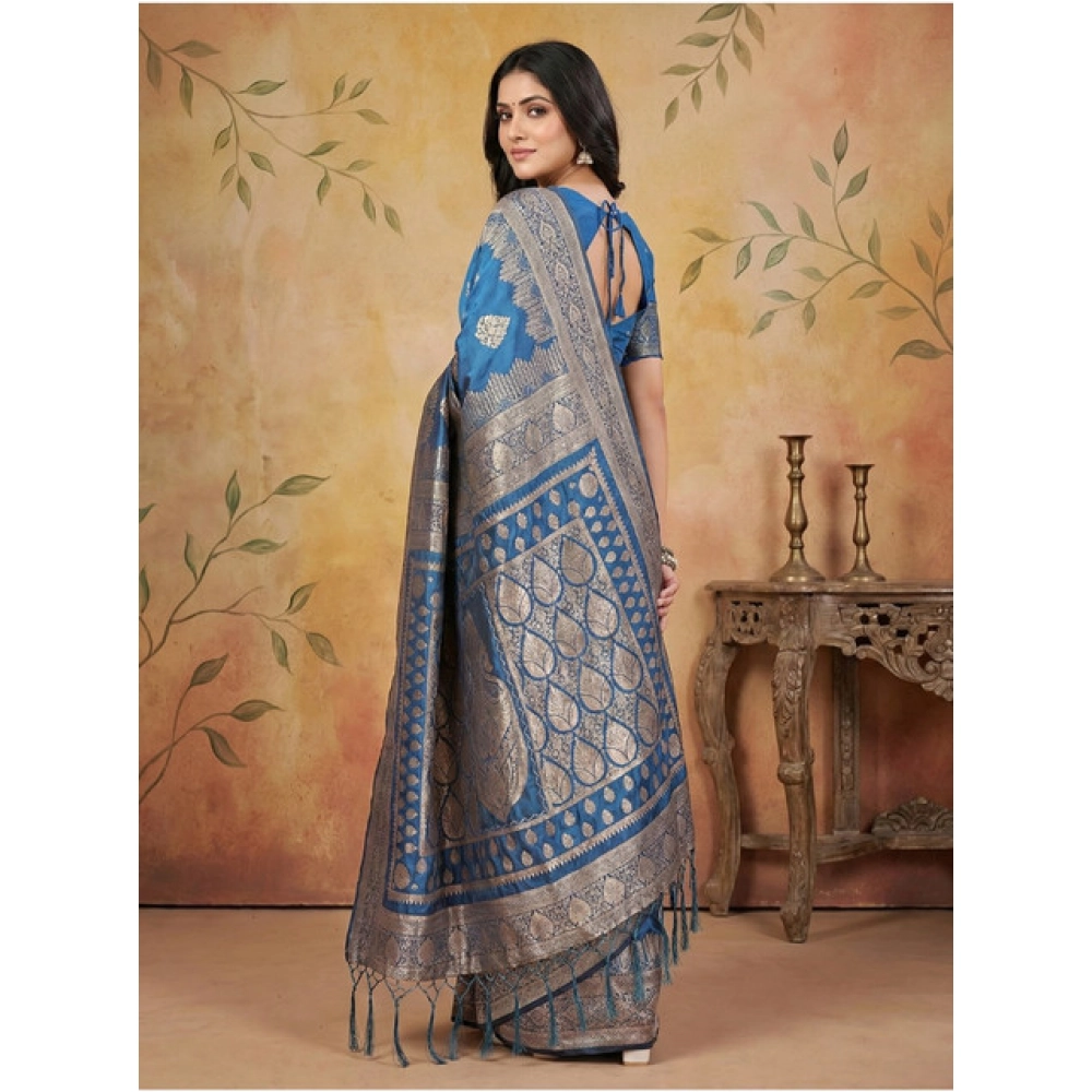 Generic Women's Silk Blend Printed Saree With Unstitched Blouse 5.5Mtr (Sky Blue) - Image 2