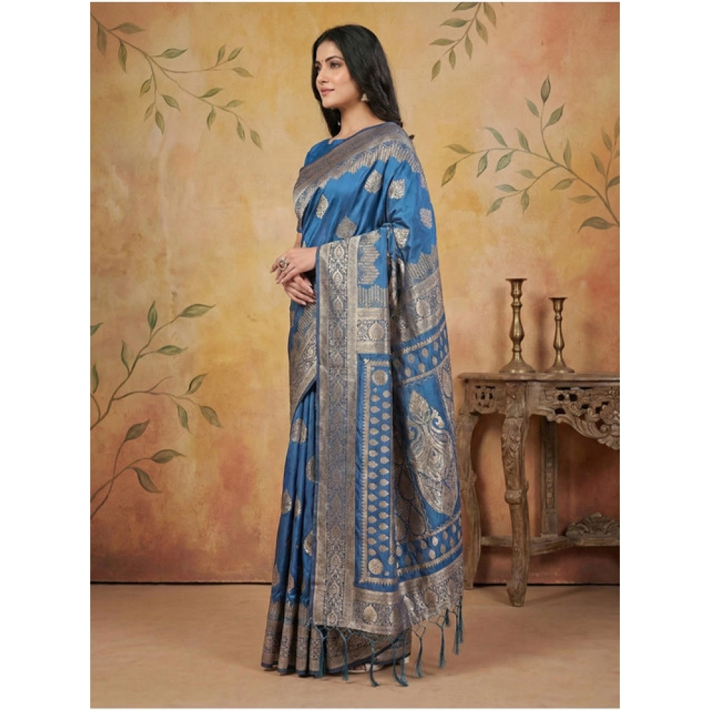 Generic Women's Silk Blend Printed Saree With Unstitched Blouse 5.5Mtr (Sky Blue) - Image 3