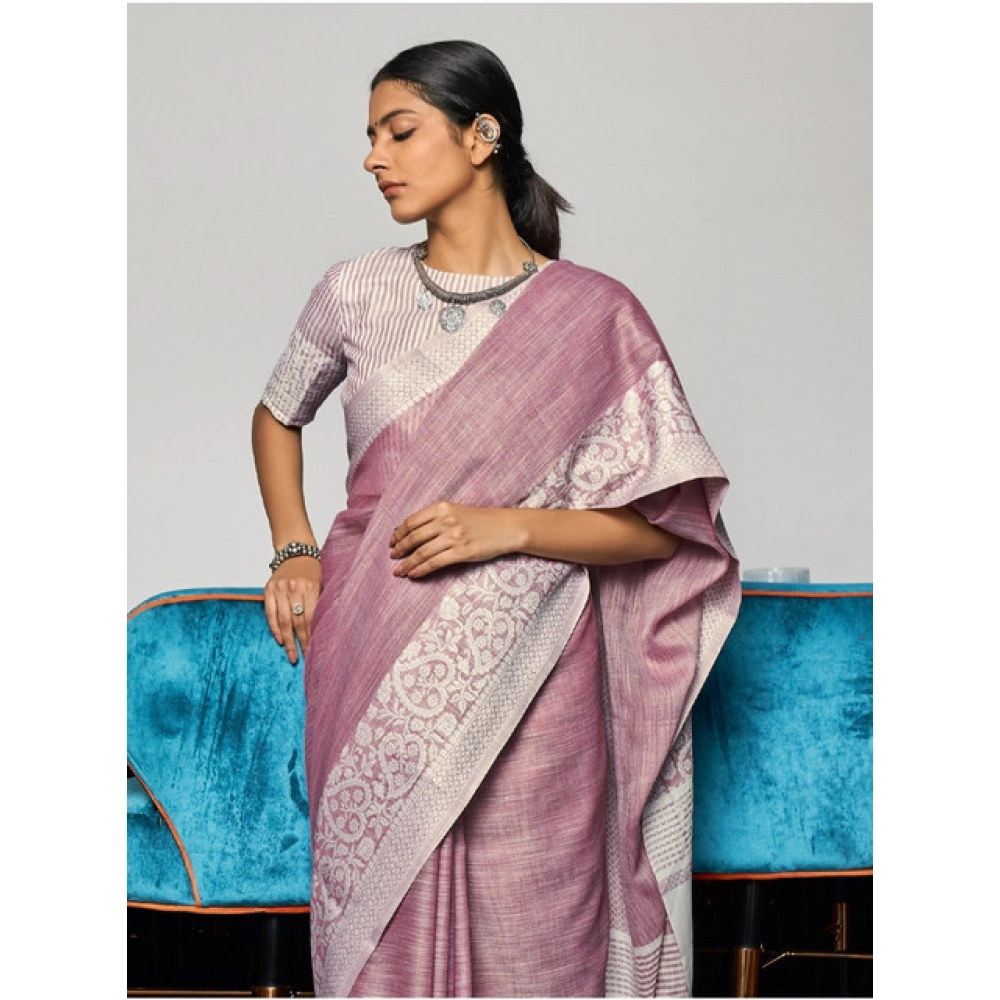 Generic Women's Linen Printed Saree With Unstitched Blouse 5.5Mtr (Purple) - Image 4