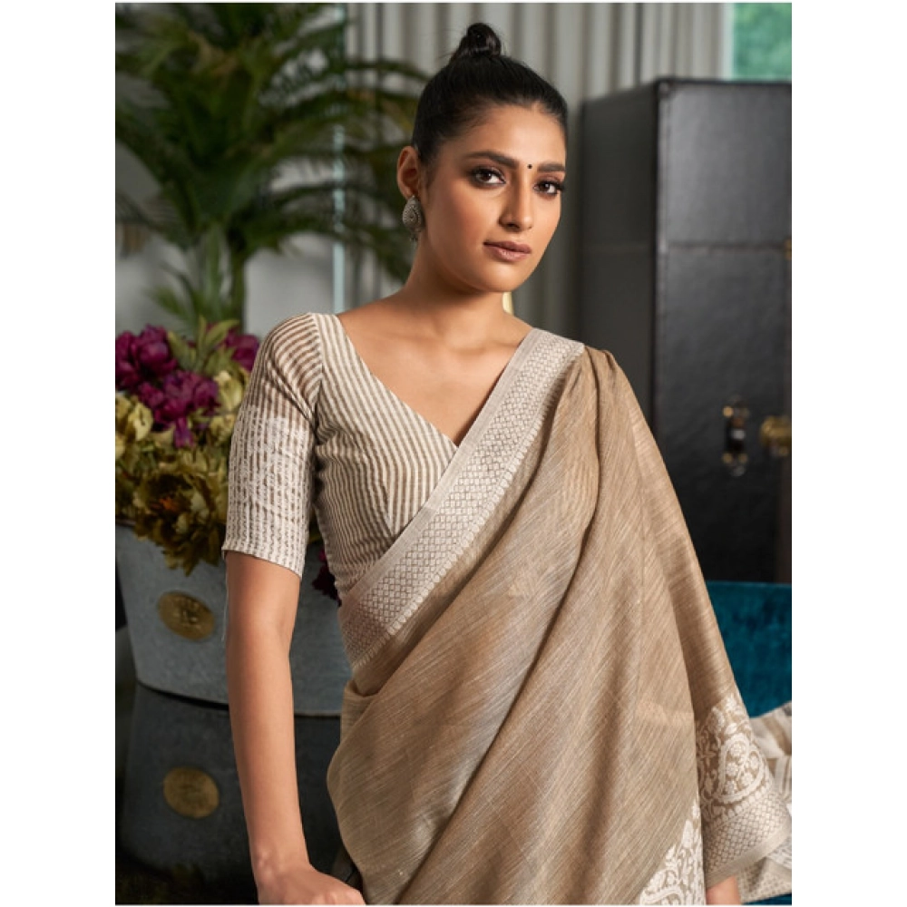 Generic Women's Linen Printed Saree With Unstitched Blouse 5.5Mtr (Beige) - Image 2