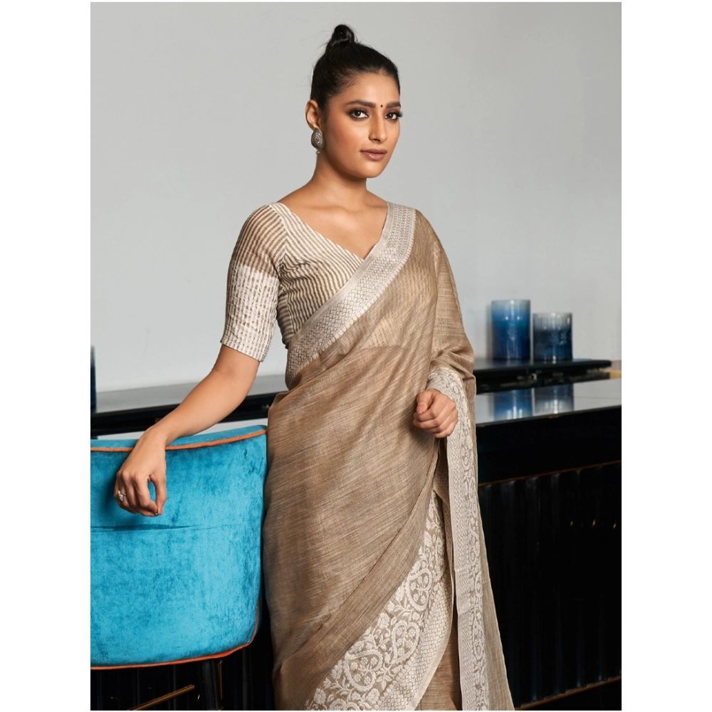 Generic Women's Linen Printed Saree With Unstitched Blouse 5.5Mtr (Beige) - Image 3