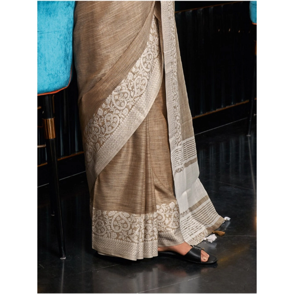 Generic Women's Linen Printed Saree With Unstitched Blouse 5.5Mtr (Beige) - Image 4