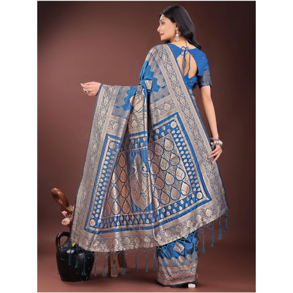 Generic Women's Silk Printed Saree With Unstitched Blouse 5.5Mtr (Sky Blue) - Image 2