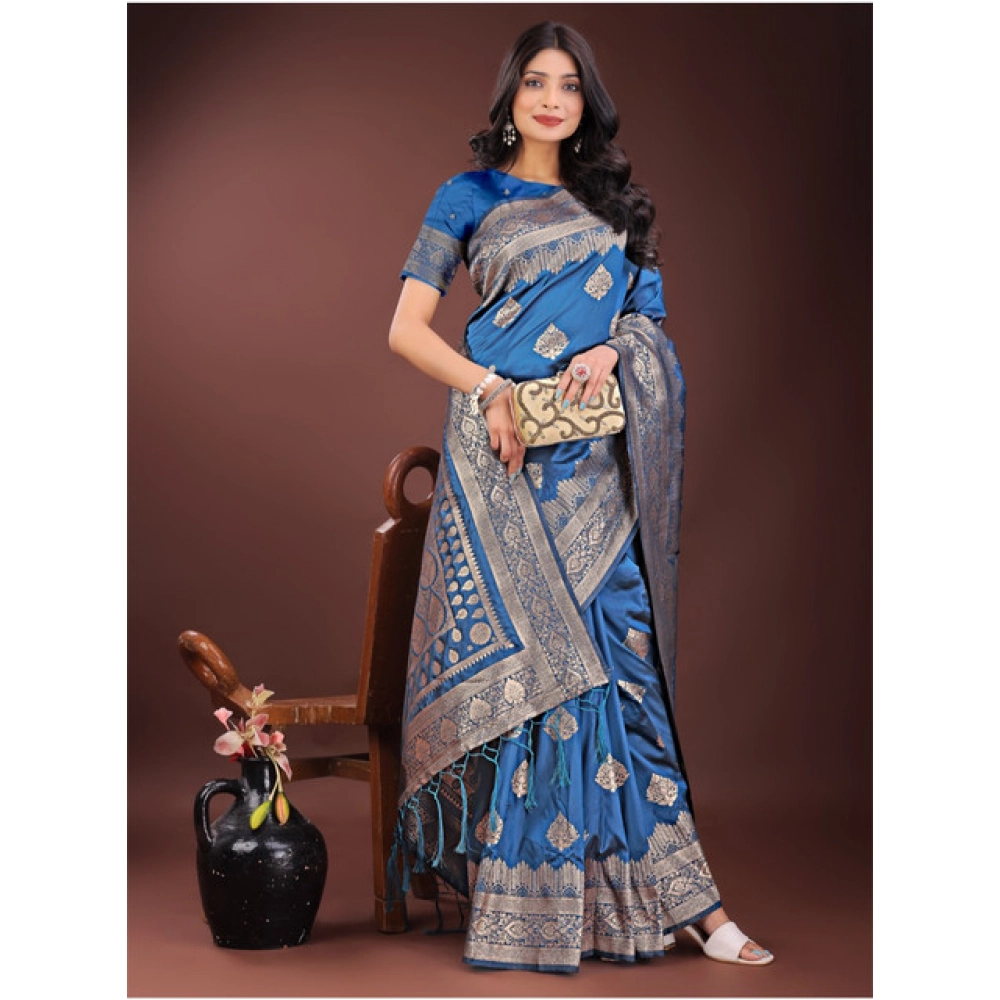 Generic Women's Silk Printed Saree With Unstitched Blouse 5.5Mtr (Sky Blue) - Image 3