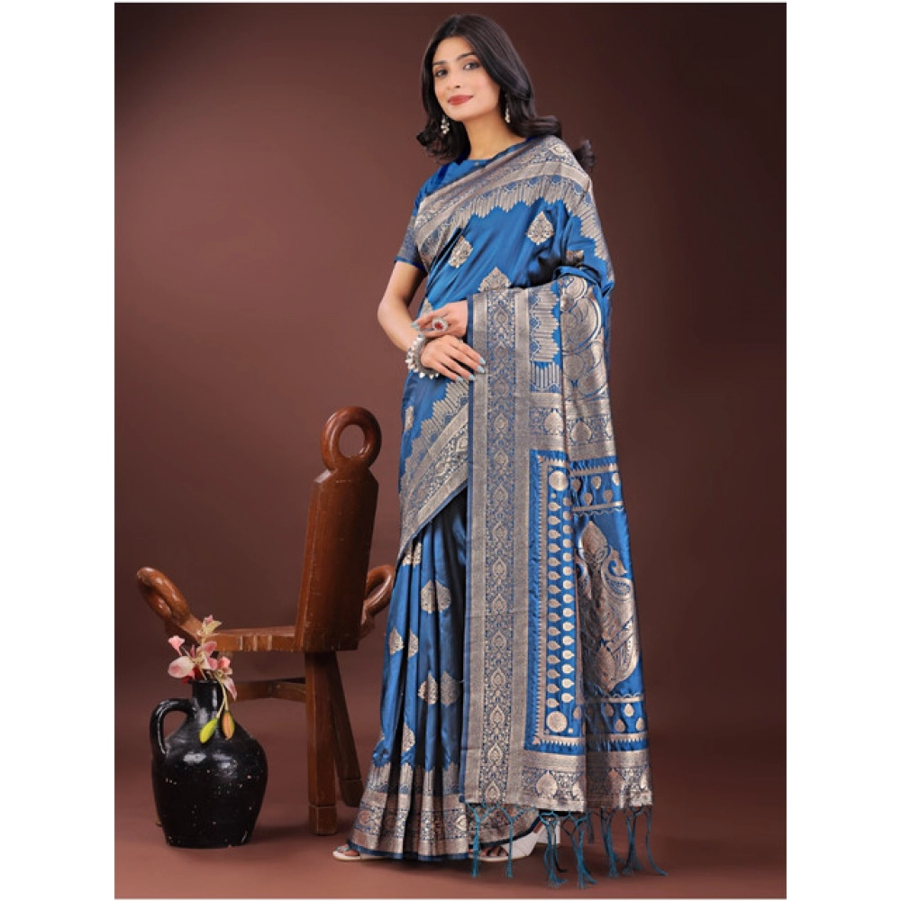Generic Women's Silk Printed Saree With Unstitched Blouse 5.5Mtr (Sky Blue) - Image 4