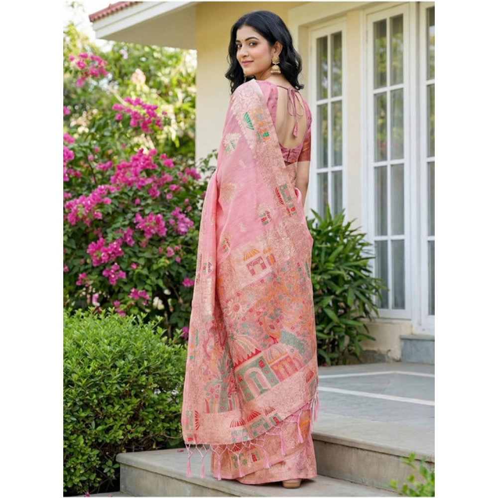 Generic Women's Linen Cotton Printed Saree With Unstitched Blouse 5.5Mtr (Pink) - Image 2