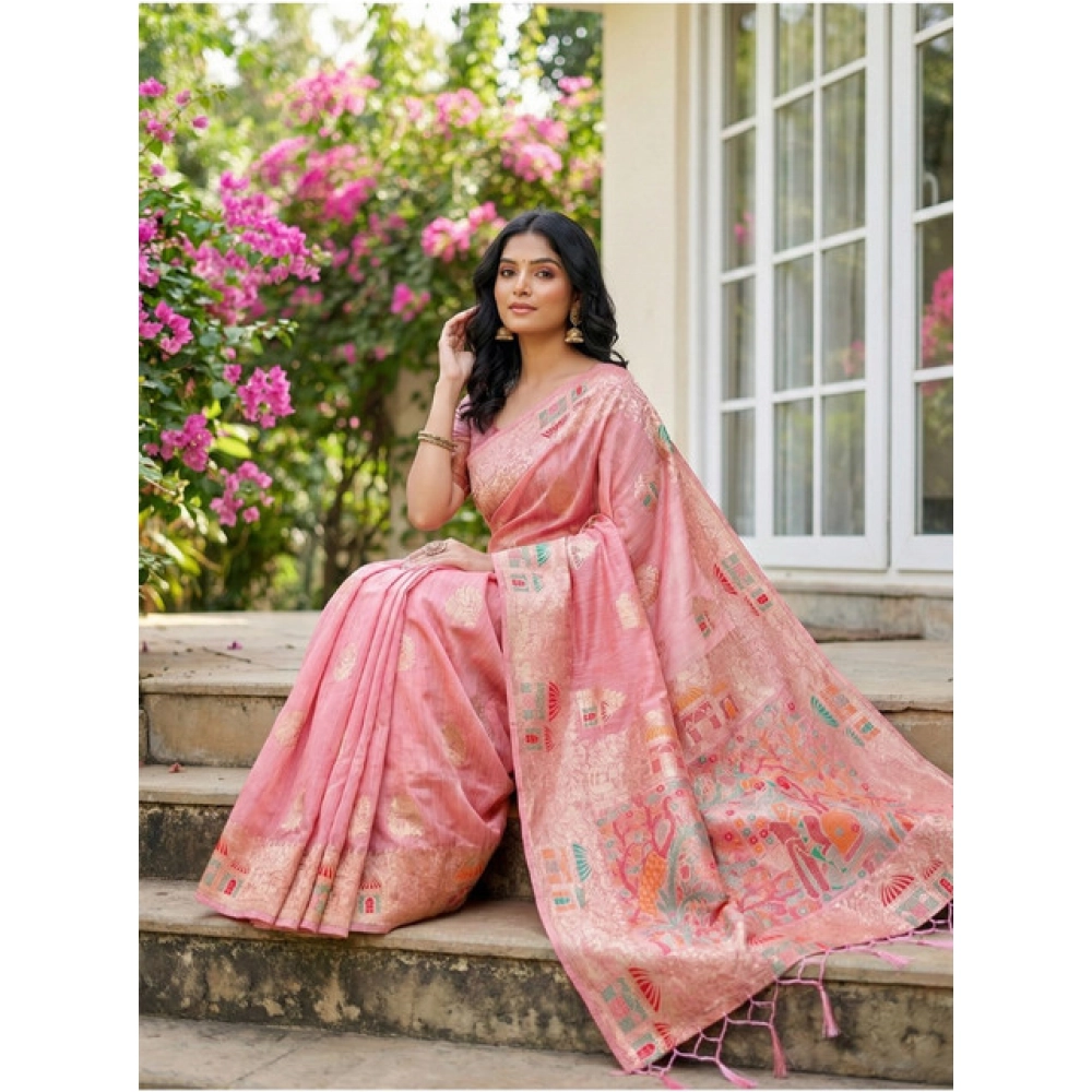 Generic Women's Linen Cotton Printed Saree With Unstitched Blouse 5.5Mtr (Pink) - Image 4
