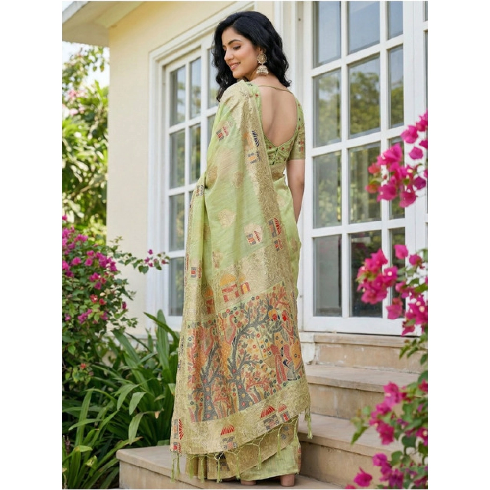 Generic Women's Linen Cotton Printed Saree With Unstitched Blouse 5.5Mtr (Light Green) - Image 2