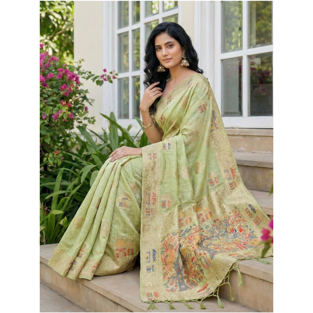 Generic Women's Linen Cotton Printed Saree With Unstitched Blouse 5.5Mtr (Light Green) - Image 3