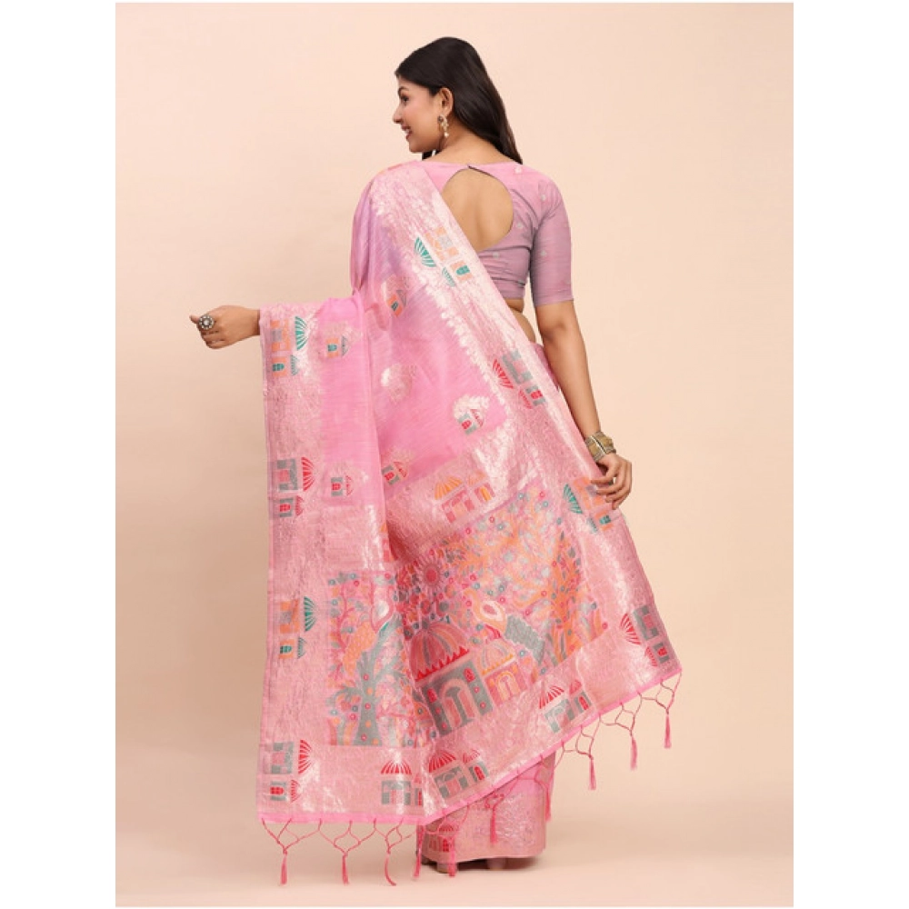 Generic Women's Linen Cotton Printed Saree With Unstitched Blouse 5.5Mtr (Pink) - Image 2