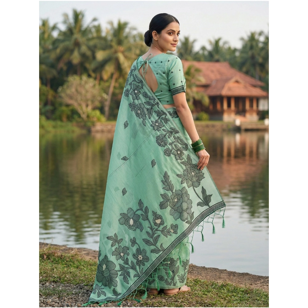 Generic Women's Linen Cotton Printed Saree With Unstitched Blouse 5.5Mtr (Rama Green) - Image 2