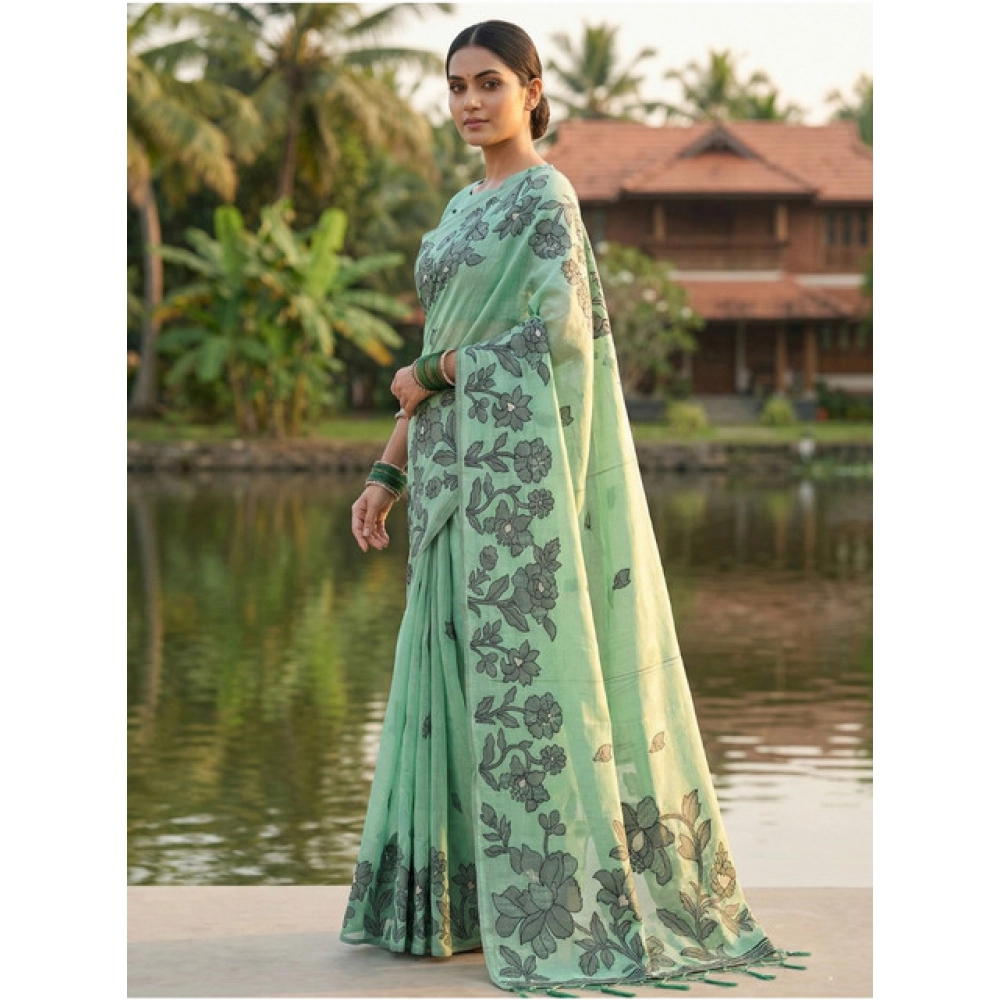 Generic Women's Linen Cotton Printed Saree With Unstitched Blouse 5.5Mtr (Rama Green) - Image 3