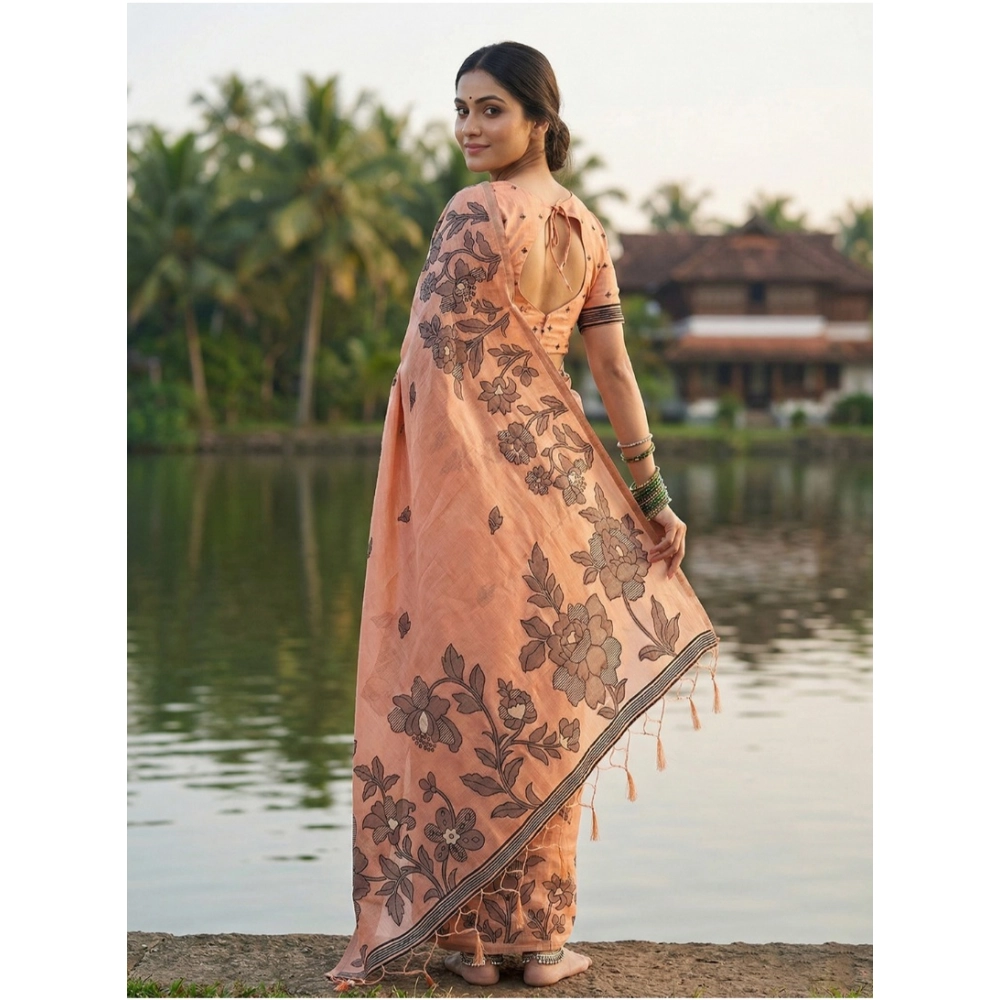 Generic Women's Linen Cotton Printed Saree With Unstitched Blouse 5.5Mtr (Orange) - Image 2