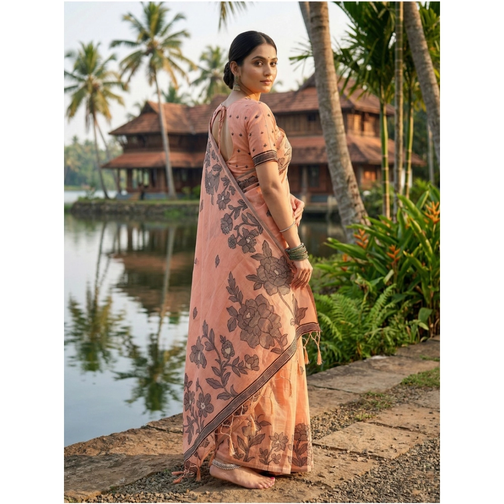 Generic Women's Linen Cotton Printed Saree With Unstitched Blouse 5.5Mtr (Orange) - Image 3