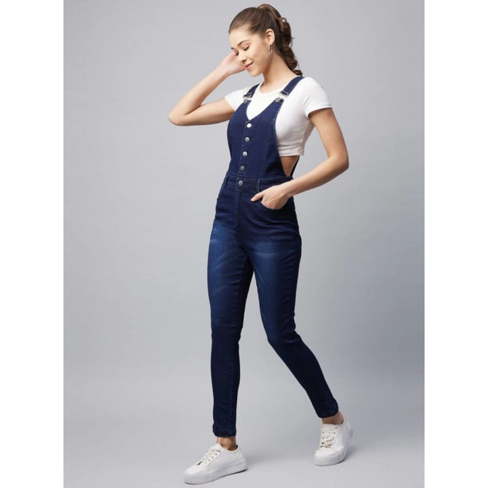 Generic Women's Denim Lycra Solid Buttoned Dungaree (Navy) - Image 3
