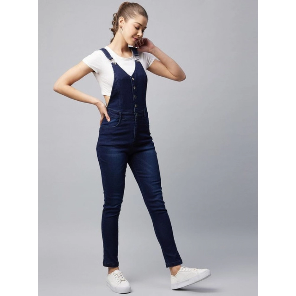 Generic Women's Denim Lycra Solid Buttoned Dungaree (Navy) - Image 4