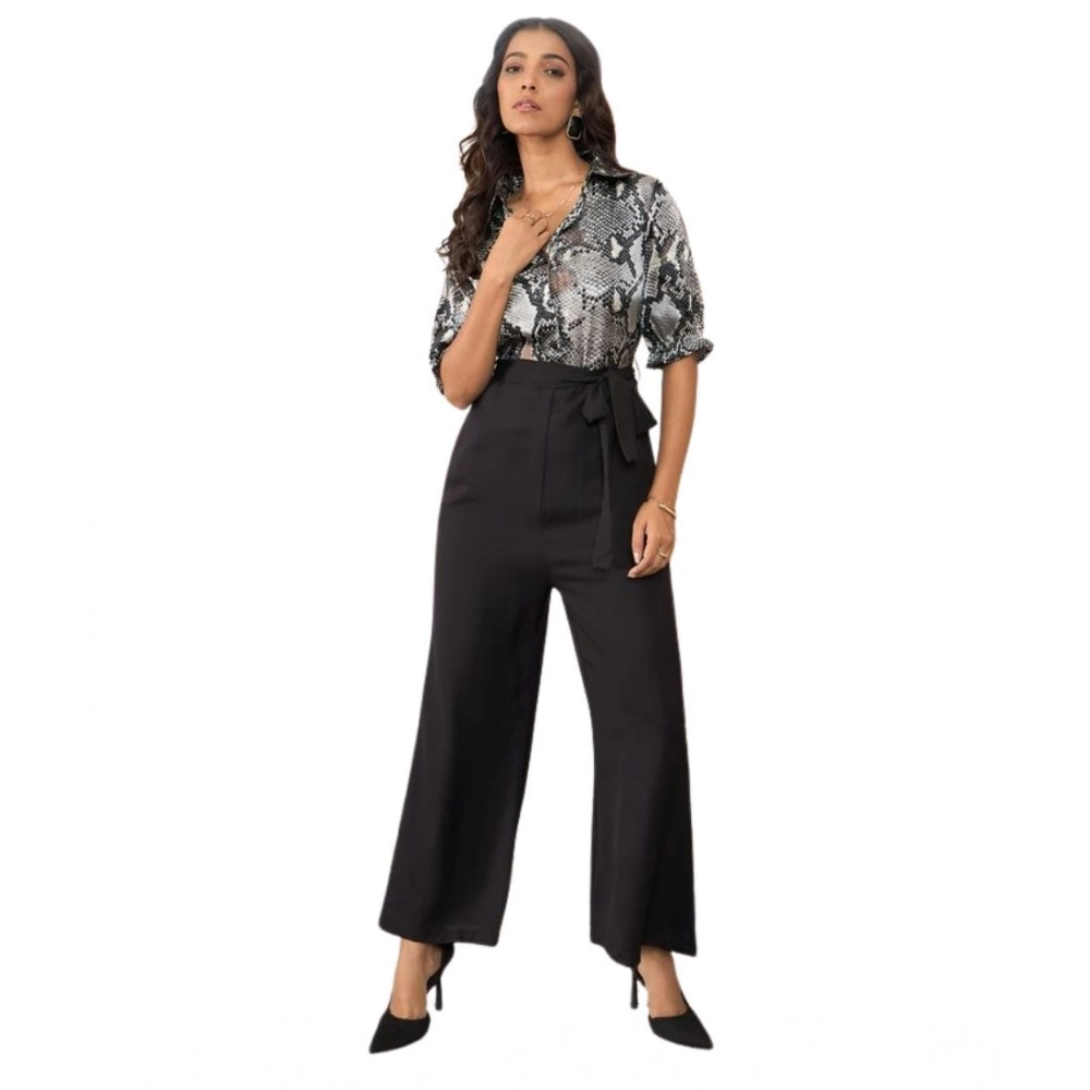 Generic Women's Satin And Polyester Floral Half Sleeves Jumpsuit (Grey - Black)