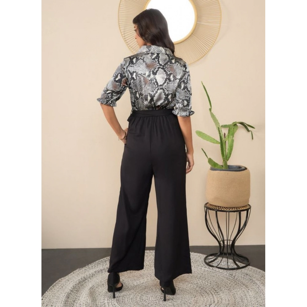 Generic Women's Satin And Polyester Floral Half Sleeves Jumpsuit (Grey - Black) - Image 2