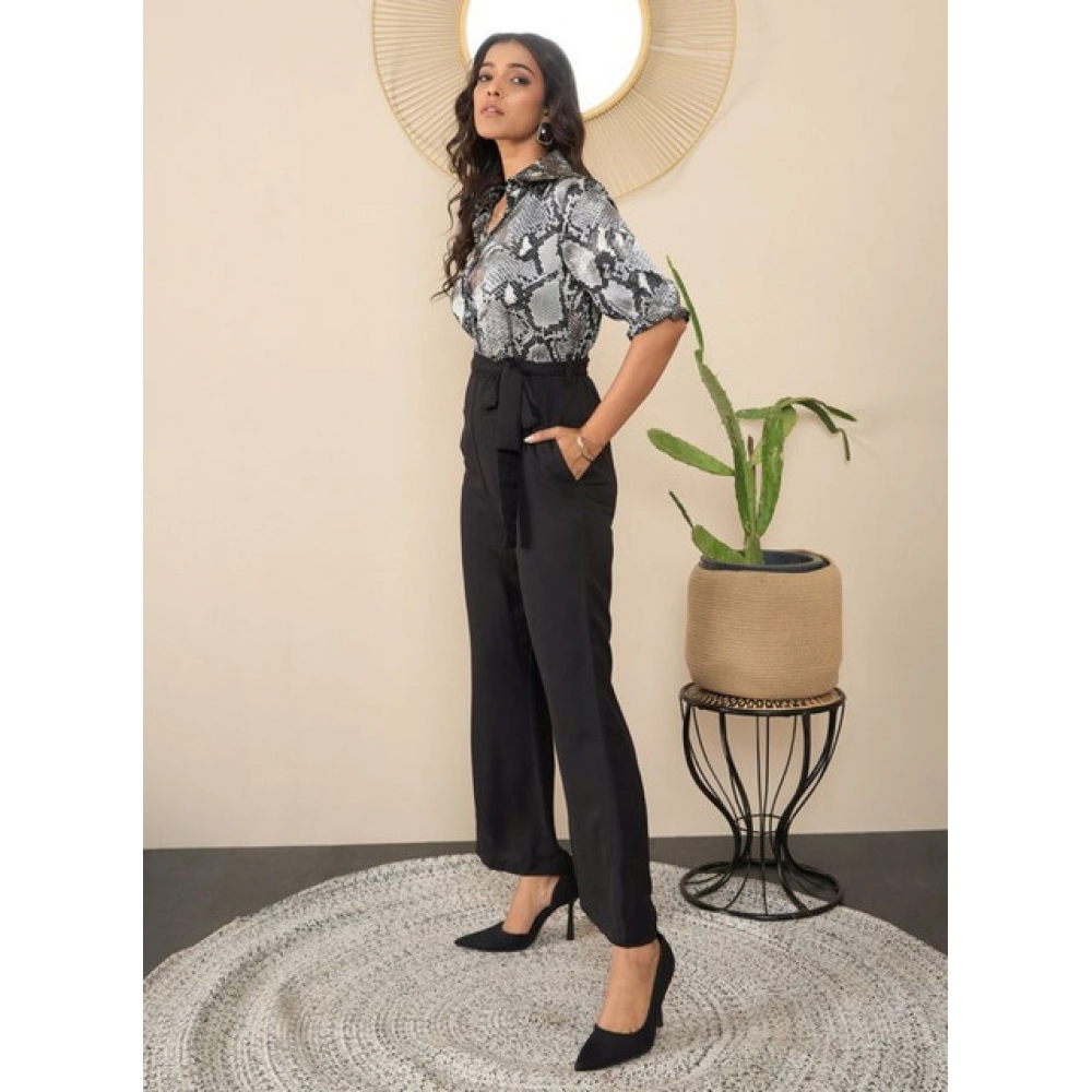 Generic Women's Satin And Polyester Floral Half Sleeves Jumpsuit (Grey - Black) - Image 3