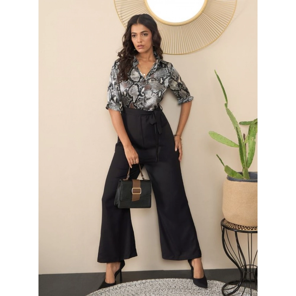 Generic Women's Satin And Polyester Floral Half Sleeves Jumpsuit (Grey - Black) - Image 4