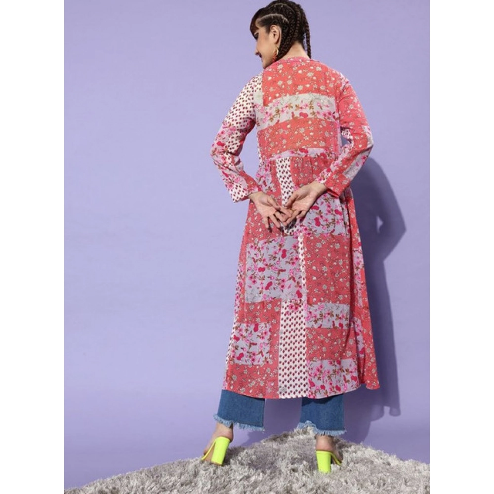 Generic Women's Polyester Floral Long Sleeves Shrug (Pink-Coral) - Image 2