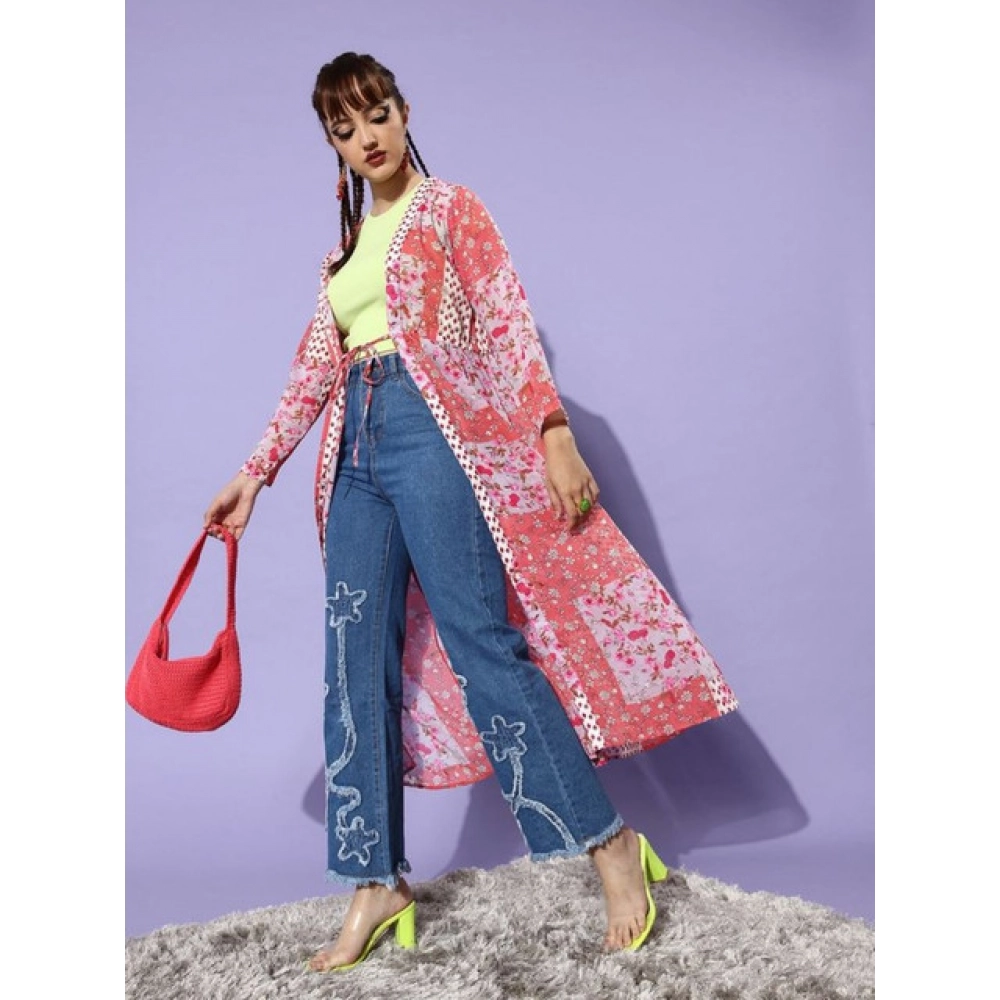 Generic Women's Polyester Floral Long Sleeves Shrug (Pink-Coral) - Image 4