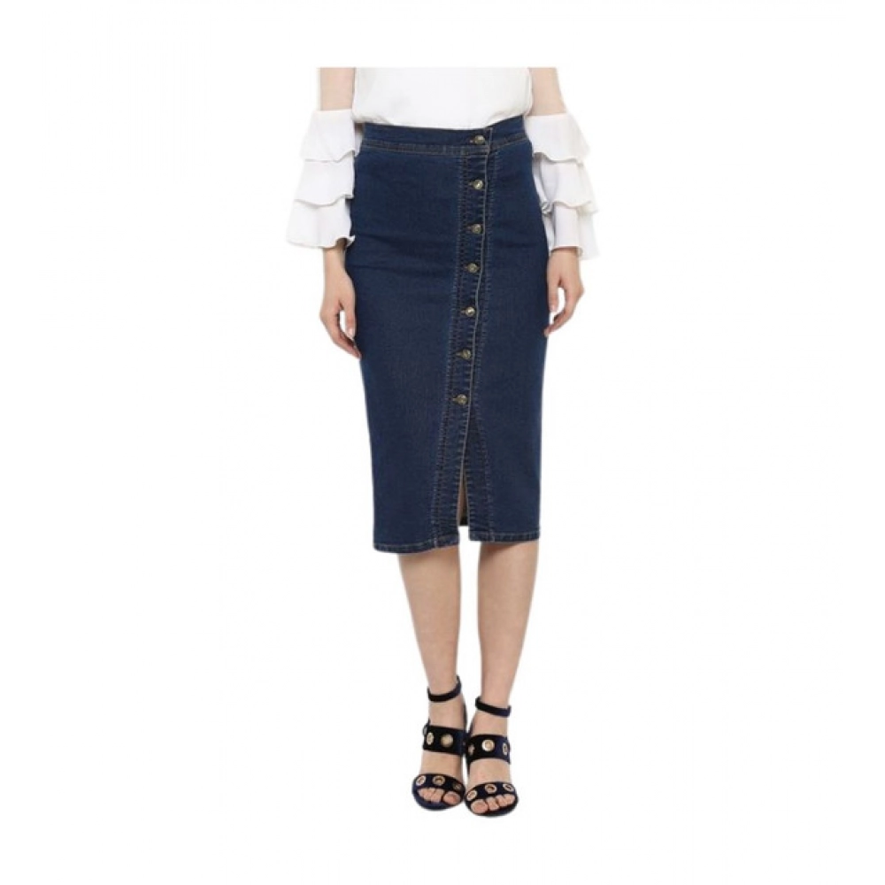 Generic Women's Denim Front Button Buttoned Skirt (Blue)