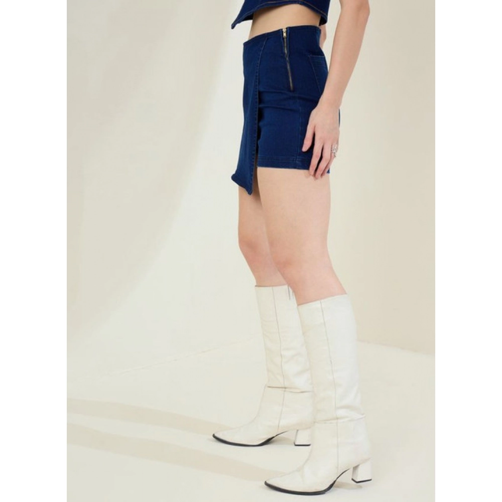 Generic Women's Denim Lycra Solid Zip Closure Skorts (Navy) - Image 2