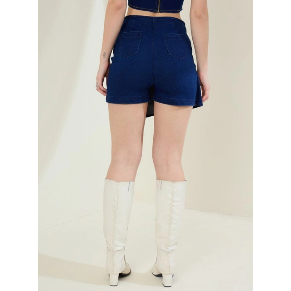 Generic Women's Denim Lycra Solid Zip Closure Skorts (Navy) - Image 3