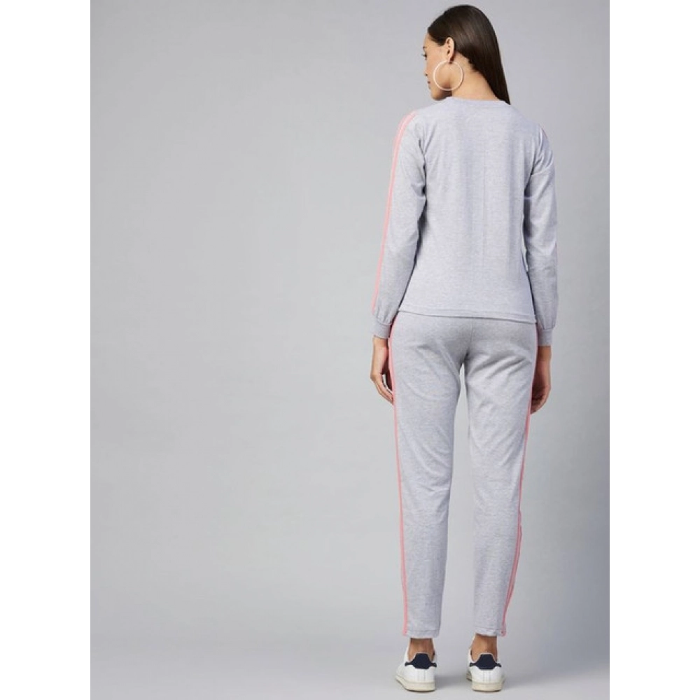 Generic Women's Cotton Solid Long Sleeves Tracksuit (Light Grey - Pink) - Image 2
