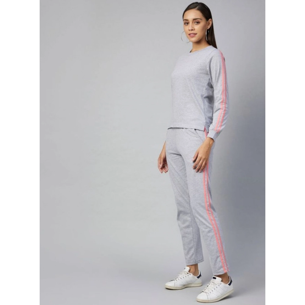Generic Women's Cotton Solid Long Sleeves Tracksuit (Light Grey - Pink) - Image 4