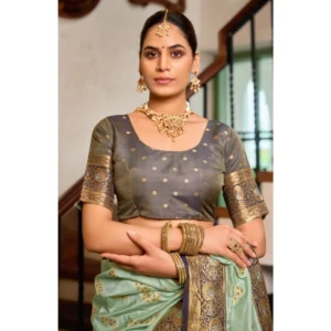 Generic Women's Silk Blend Booti Work Ready to wear Saree With Unstitched Blouse 5.5Mtr (SeaGreen)