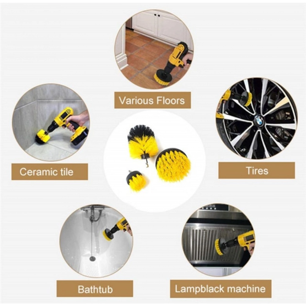 Generic Pack Of 3 Polypropylene Solid Power Drill Scrub Brush Cleaning Set (Yellow-Black) - Image 2