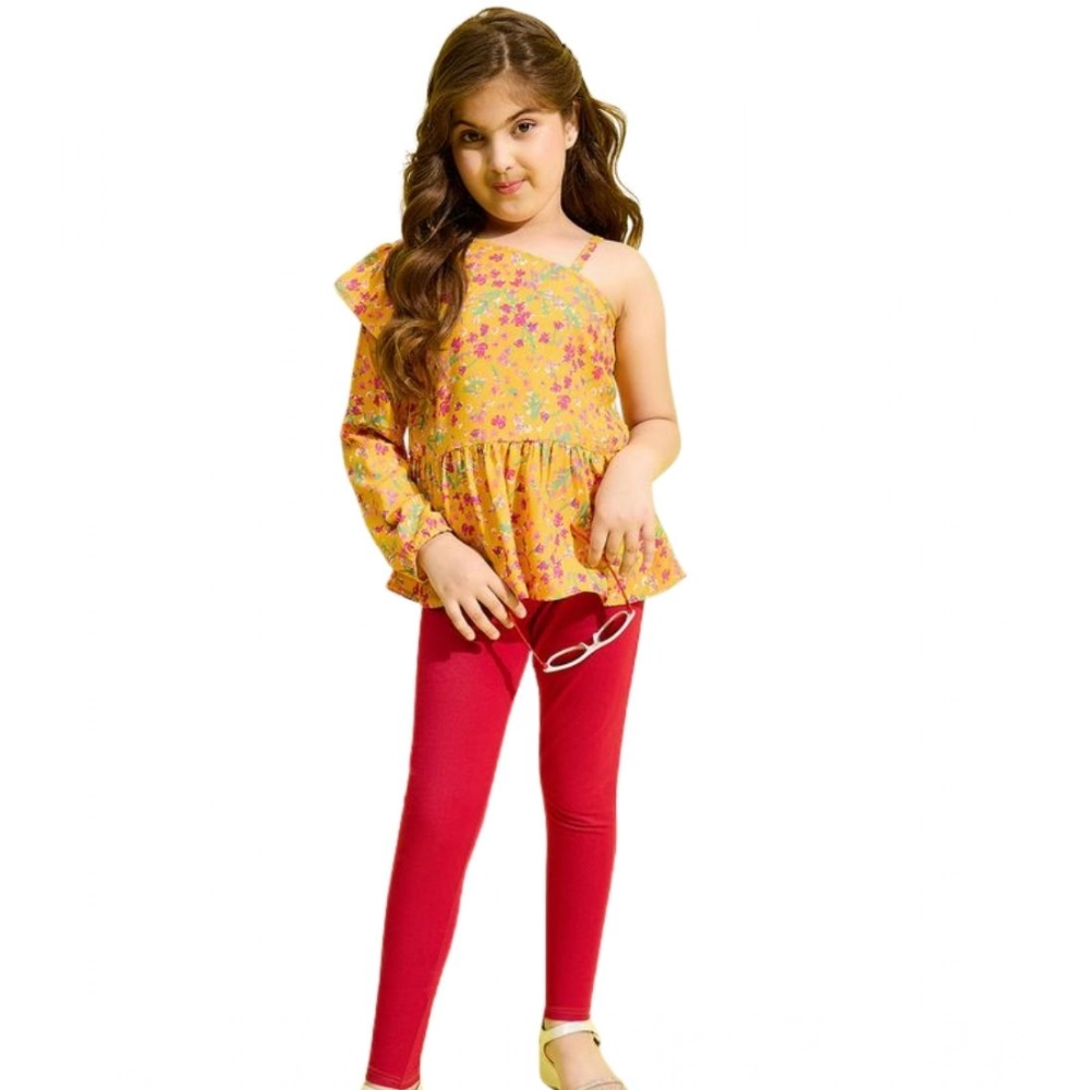 Generic Girl's Polyester Floral One Shoulder Jeggings Set (Yellow-Red) - Image 2
