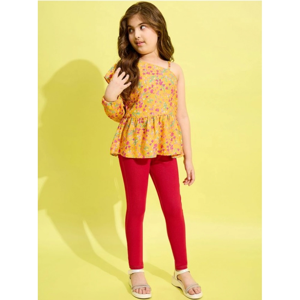 Generic Girl's Polyester Floral One Shoulder Jeggings Set (Yellow-Red) - Image 3