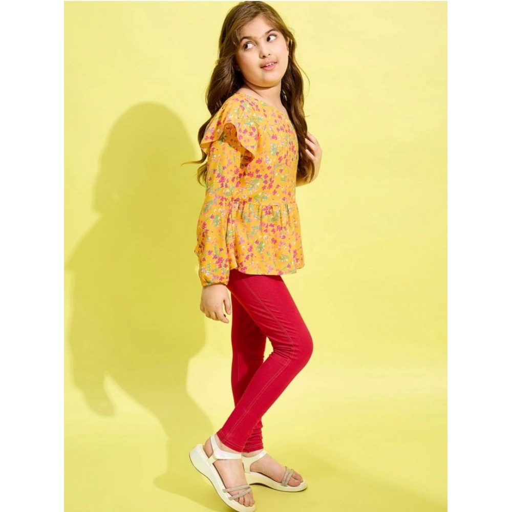 Generic Girl's Polyester Floral One Shoulder Jeggings Set (Yellow-Red) - Image 4
